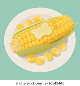 Un primer plano de una mazorca de maíz cocida, cubierta con una parte de mantequilla derretida, servida en un plato blanco con granos sueltos esparcidos por ahí.