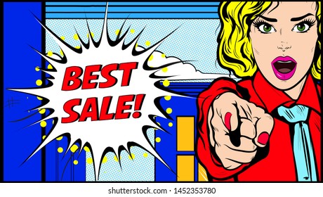 Close-up shot of excited young blonde hair woman pointing at you with index finger. Surprised and amazed woman. Best Discount Modern Sale Banner .Retro Comic Book style cartoon, Classic Pop Art vector