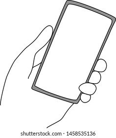 Close-up shot of hand holding smartphone with blank screen. Smartphone with blank screen in a hand. Close-up shot of hand holding phone with blank display on screen. Hand-drawn vector illustration.