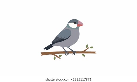 A close-up shot of a Java Sparrow bird resting on a wooden tree branch against a soft natural background.