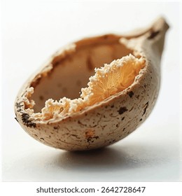 A close-up shot reveals a broken eggshell, its interior harboring a delicate cluster of pale creamy mushrooms showcasing a striking contrast between the rough shell texture the smooth, ethereal fungi