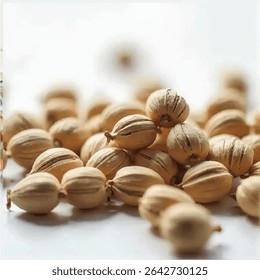A close-up shot reveals a cluster of coriander seeds, their light brown hues and intricate textures highlighted against a blurred, bright white background, showcasing the natural beauty of the spice.