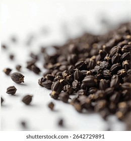 A close-up shot reveals a pile of dark brown seeds, possibly black cardamom, scattered on a white surface, with a few seeds separated from the main group