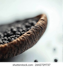 A close-up shot reveals a rustic, dark brown wooden bowl brimming with small, dark-colored seeds, possibly poppy seeds, artfully arranged against a softly blurred, light gray background.