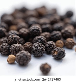 A close-up shot reveals a scattering of dark-brown peppercorns some exhibiting a slightly lighter hue against a stark white backdrop with a shallow depth of field emphasizing the foreground peppercorn