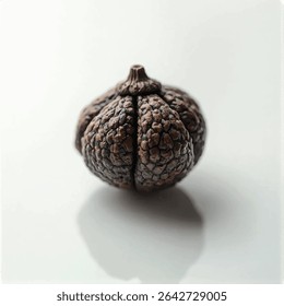 A close-up shot reveals a single, dark brown seed, possibly a nutmeg or similar spice, resting on a stark white surface, its textured surface sharply defined against the plain background.