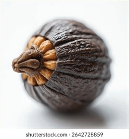 A close-up shot reveals a single, dark-brown nut, its outer shell slightly cracked to reveal a lighter-colored interior, against a stark white background.