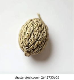 A close-up shot reveals a single, dried seed head, exhibiting a unique textured surface composed of numerous small, overlapping scales, resting on a stark white backdrop.