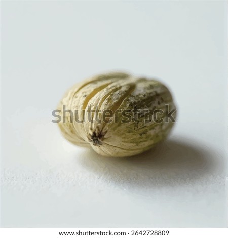 A close-up shot reveals a single, slightly opened seed, exhibiting a light green and beige hue, resting on a subtly textured off-white surface.