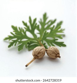 A close-up shot reveals two light brown textured seed pods attached to a slender stem elegantly nestled beneath a vibrant green leaf with uniquely shaped lobes all set against a stark white background