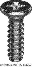A close-up shot of a single metallic Phillips head screw, showcasing its threaded body and cross-shaped drive. This common hardware item is essential for fastening materials together.