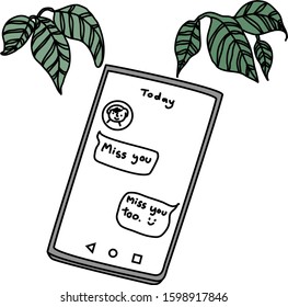 Close-up shot of smartphone with chat messages and profile pictures on screen. Smartphone with text "Miss you" on screen. Plant leaves decoration included. Hand-drawn vector illustration.