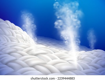 Close-up shot of steam surging through white fabric fibers on blue background. Ads for steam irons, baby and adult diapers, breathable and moisture pads. Realistic vector file.