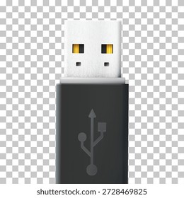 A close-up shot of a USB-A connector, featuring its dark grey body, white tip, and visible gold contacts, set against a transparent background. This universal serial bus plug is essential for data transfer and charging.