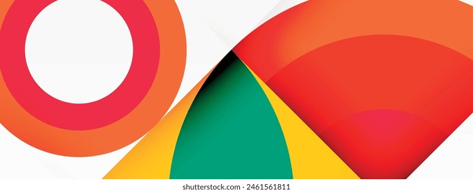 A closeup shot of a vibrant circle and triangle on a white background, showcasing colorfulness, symmetry, and pattern. The bold colors and geometric shapes create a captivating design