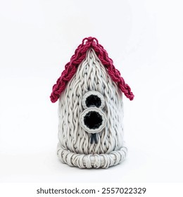  A close-up shot of a white birdhouse made of yarn. The birdhouse is made up of white yarn, with a white base and a pink roof. There is a black hole in the middle of the birdhouse.