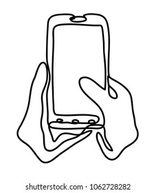 Closeup shot of a woman typing on mobile phone isolated on white background. Continuous line drawing. Vector monochrome, drawing by lines.