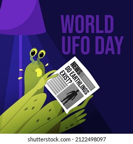 A close-up shows a green alien at home with a pet under a floor lamp. Aliens reads a newspaper where it is written Do earthlings exist. Humorous postcard for the World Day of UFO. 