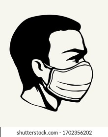 Closeup side view 2019 immune viral risk hazard mer flu human mouth nose breath isolated cure chinese boy guy nurse. China man staff care hand drawn white portrait cartoon sketch vector graphic style