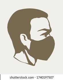 Hombre con máscara médica de perfil. Dibujo de vectores