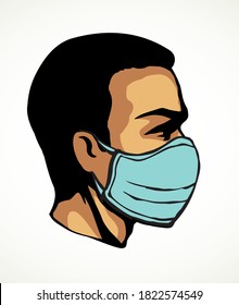 Closeup side view 2019 immune viral risk hazard mer flu human mouth nose breath isolated cure chinese boy guy nurse. China man staff care hand drawn white portrait cartoon sketch vector graphic style