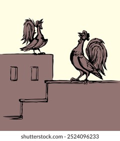 Closeup side view big cute rustic barn roof red gallus roster head shout loud cry light dawn yard even sky text space. Black outline hand drawn easter meat leader logo retro doodle cartoon art style 