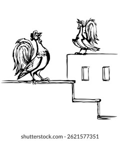 Closeup side view big cute rustic barn roof red gallus roster head shout loud cry light dawn yard even sky text space. Black outline hand drawn easter meat leader logo retro doodle cartoon art style 