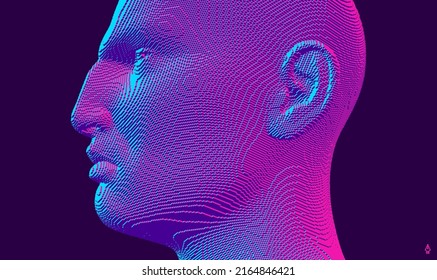 Closeup side view profile portrait of man. 3d voxelized face. Vector illustration. Design for presentations, flyers or posters. 