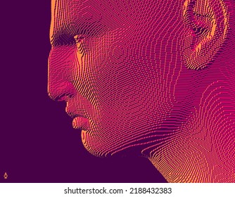 Retrato de perfil del hombre con vista lateral más cercana. 3 d cara voxelizada. Ilustración vectorial. Diseño para presentaciones, volantes o carteles. 