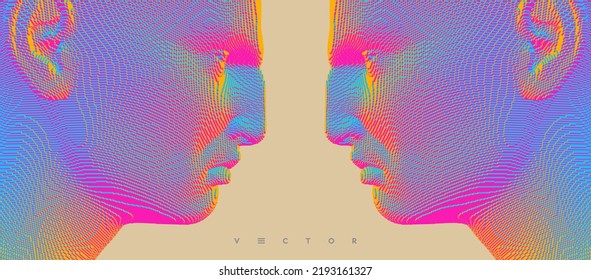 Closeup side view profile portrait of man. 3d voxelized face. Vector illustration. Design for presentations, flyers or posters. 
