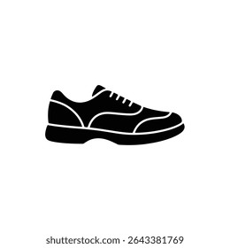 Close-up silhouette of a black and white classic sneaker featuring visible laces and a curved sole, set against a clean, bright white background.