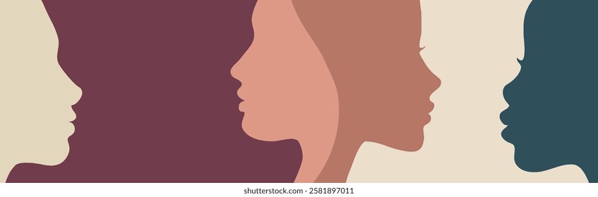 Close-up silhouette profile view faces of diverse women.  Female social network community. Racial equality.Friendship. Colleagues. Women s day. Banner copy space 