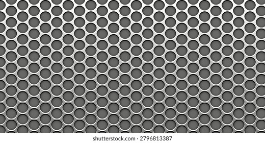 Closeup of silver perforated metal sheet with round holes. Industrial grid pattern creates seamless texture. Gray and black monochrome background for modern design