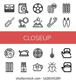 closeup simple icons set. Contains such icons as Cherry, Toilet brush, Magnifying glass, Soccer ball, Whack a mole, Adjustment, Safety pin, can be used for web, mobile and logo