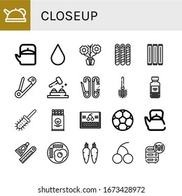 closeup simple icons set. Contains such icons as Teapot, Blood drop, Aromatic, Wafer, Toothpick, Safety pin, Whack a mole, Toilet brush, Spices, can be used for web, mobile and logo