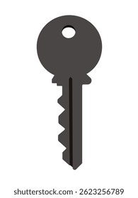 Close-up of a simple metal key with a round head and serrated edge isolated