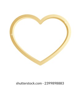 Close-up of a simple shiny golden heart. Heart shape golden ring frame. Golden heart with sparkles. Engagement and anniversary concepts. Graphic element for valentines day, wedding design.