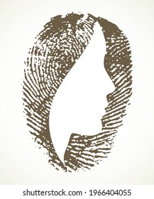 Closeup simple swirl lady secret printout thumb fingermark signature key. Black dirty ink paint drawn logo pictogram design. Close up profile detail view white paper text space art cutout sketch style