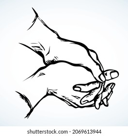 Closeup sin beg hope pair fold girl arm. Line black drawn old white holy saint christ male lover palm thank hold praise god bless care clap concept logo icon sign retro church art doodle cartoon style