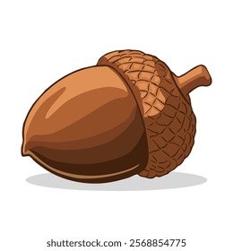 A close-up of a single acorn, showcasing its intricate details. The acorn is a brown nut encased in a textured cap, with a small stem at the top