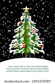 Closeup single Christmas tree with snowing and example texts isolate on black background. Christmas greeting card celebration in vector design.