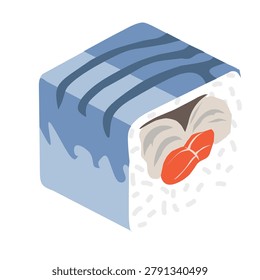 A close-up of a single piece of salmon sushi with rice, showcasing fresh, raw fish on top, ready to be served in a Japanese cuisine setting.