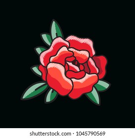 Closeup of single red rose with black contours, green leaves behind big flower placed in centerpiece on vector illustration isolated on black 3D design