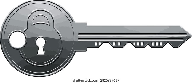 Close-up of a sleek silver metal key with a detailed keyhole symbol on its head, representing security, access, and solutions.