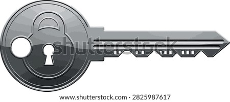 Close-up of a sleek silver metal key with a detailed keyhole symbol on its head, representing security, access, and solutions.