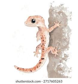 Un primer plano de un Pequeño geco, mostrando su piel translúcida y manchada y ojos oscuros prominentes mientras se aferra a una superficie áspera y Vertical.