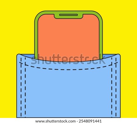 Close-up of a Smartphone Partially Visible in a Light Blue Pocket Cartoon Vintage Retro illustration