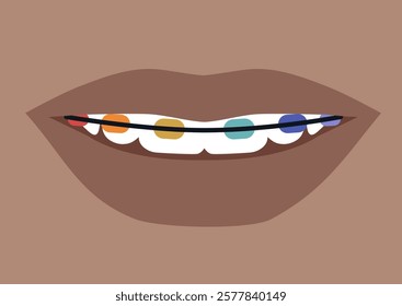 Close-up of a smile adorned with rainbow-colored braces, showcasing vibrant dental aesthetics and the playful side of orthodontic care