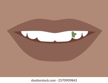 Close-up of a smile with a parsley leaf stuck between teeth, capturing a humorous and slightly embarrassing everyday moment in dental care and social interactions