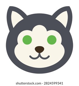 Closeup of a smiling cartoon husky dog face with green eyes and brown nose on white background